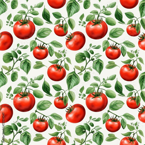 seamless pattern red ripe tomatoes on a branch with leaves on white background