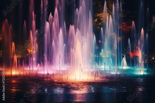 Specially blurred image of colored fountains at night, beautiful bright photos, grainy texture