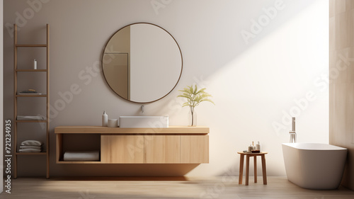Modern bathroom with large mirror and bathtub.
