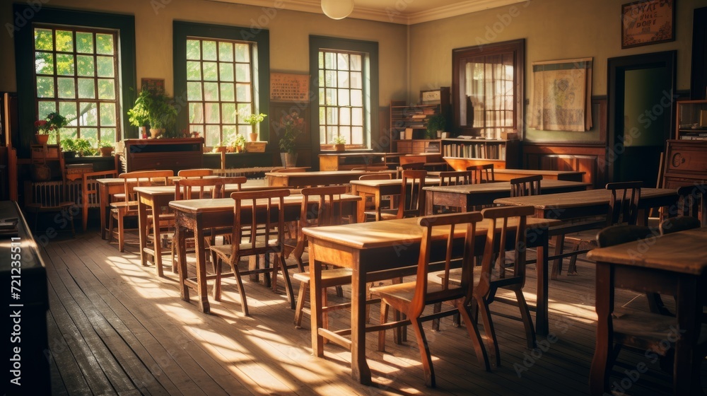 Vintage classroom interior with rustic wooden desks and chairs – educational setting in warm atmosphere