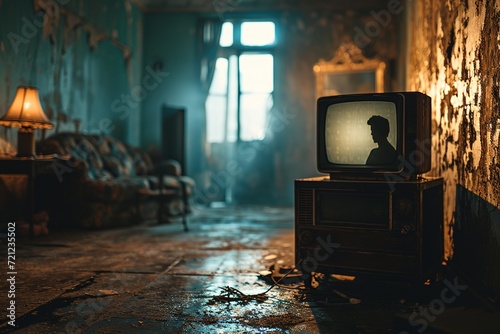 Old TV with a shadow silhouette of a man on a screen in a gloomy room with shabby walls