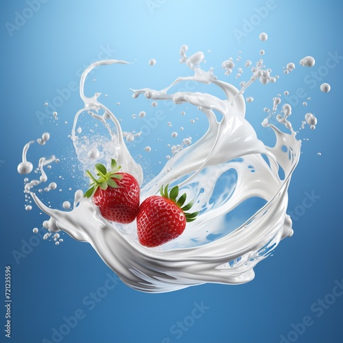 Falling white cream milk yogurt with two strawberries falling on a blue background