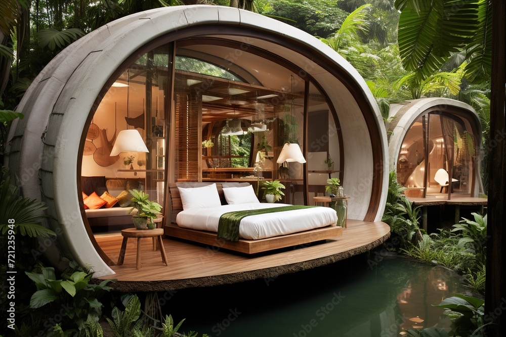 Futuristic eco hotel design modern hut in jungle forest