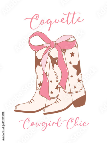 Coquette Cowgirl Boots groovy with pink Ribbon Bow Hand Drawn Doodle