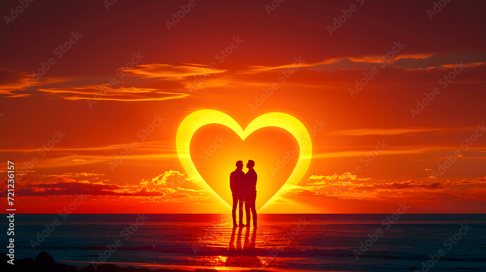 Romantic Couple Silhouette at Sunset Beach