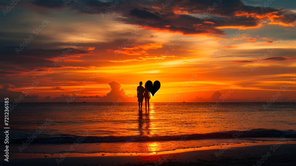 Romantic Couple Silhouette with Heart Balloons at Sunset Beach