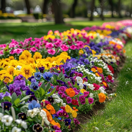 Multi-colored flower bed in the park. Outdoor summer gardening.