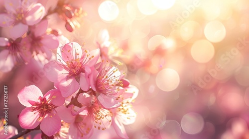 Panoramic spring background with beautiful pink cherry blossoms, bokeh background