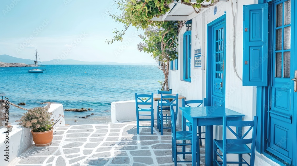 Greek culture with traditional white and blue greek architecture, taverna by the sea - obrazy, fototapety, plakaty 