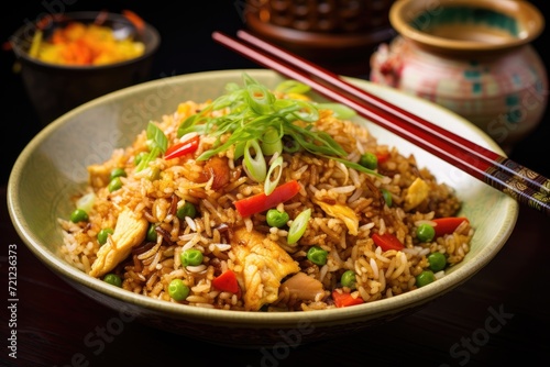 Chicken with fried rice in a bowl