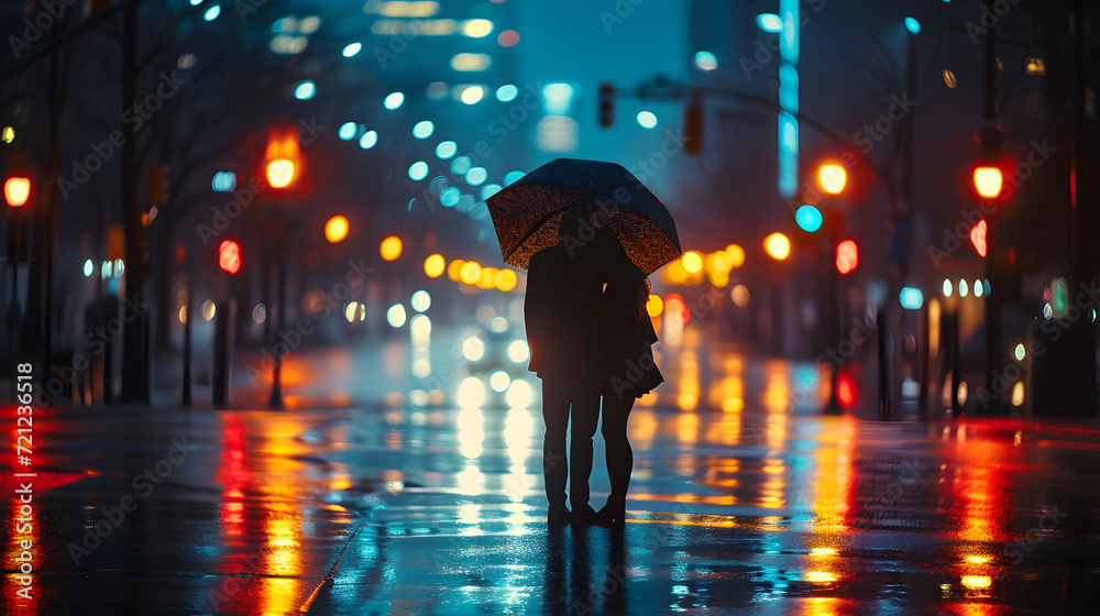 Romantic Couple Under Umbrella on Rainy Street