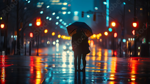 Romantic Couple Under Umbrella on Rainy Street