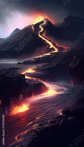 Hot magma pouring from volcano AI generative illustration