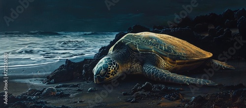 Huge Hawaiian sea turtle on dark beach