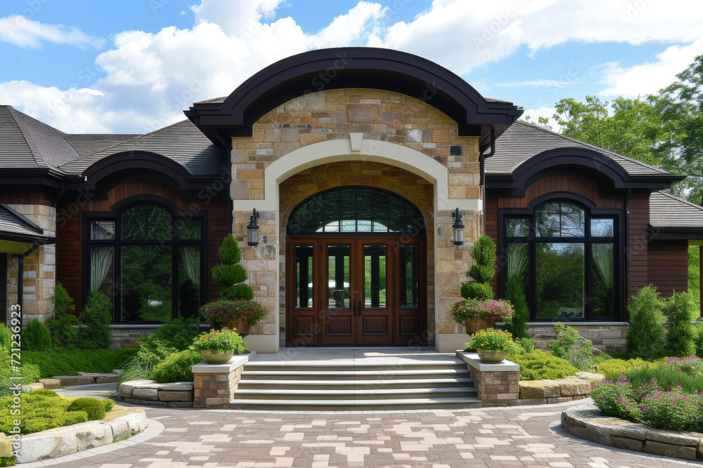 the beautiful exterior of a large home with double doors in front