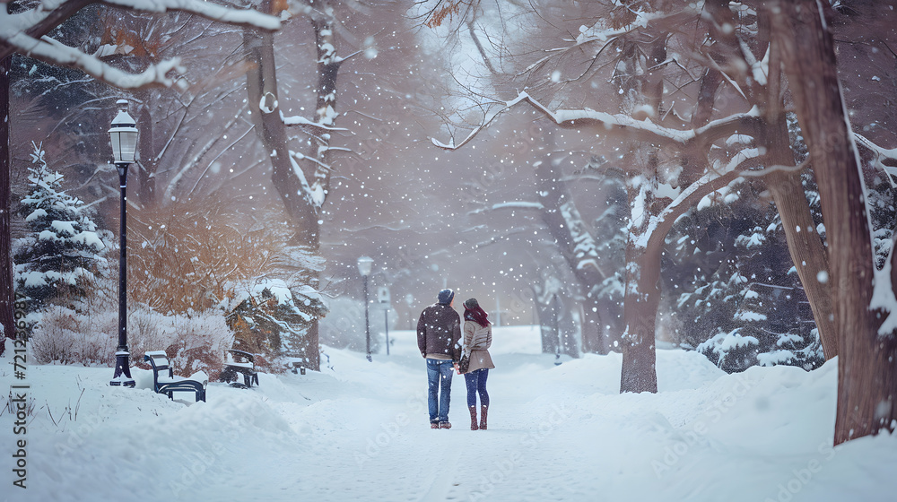 Romantic Winter Walk in Snowy Park