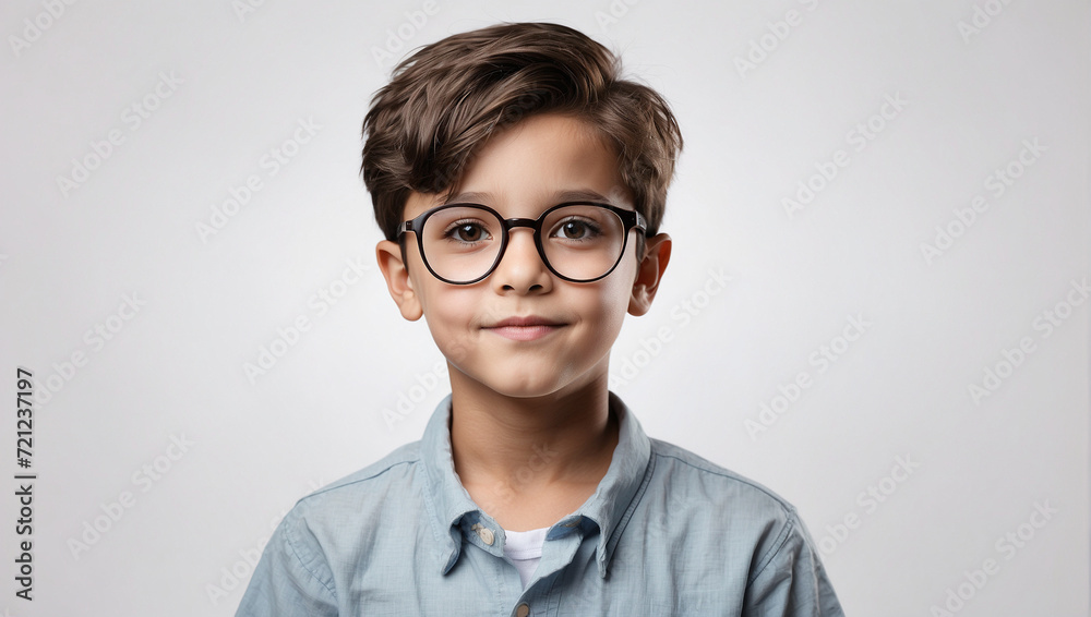 close up boy wearing glasses isolated on white background