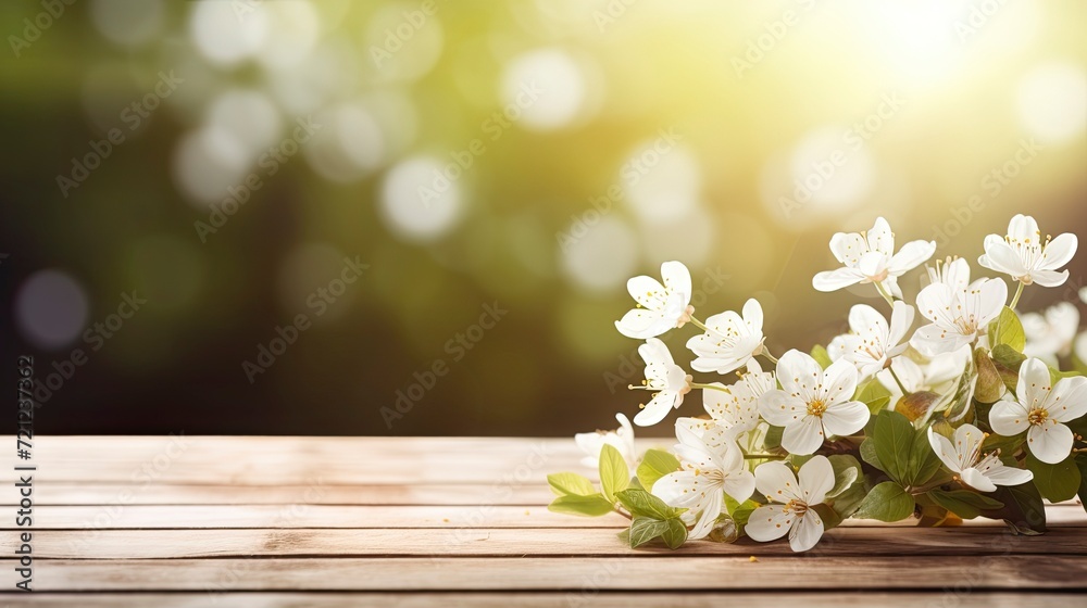 Spring background with white flowers and sunlight in front of wooden table, copy space - generative ai
