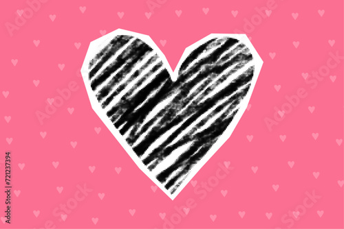 Pencil drawn heart in halftone style, cute collage girly element. Stickers cut out from a magazine in the style of 00x, Y2K on a pink background.