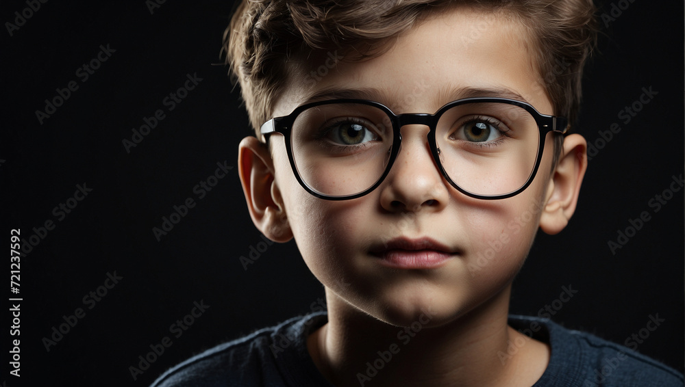 close up boy wearing glasses isolated on black background
