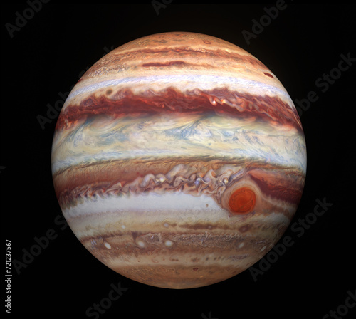 Fototapeta Naklejka Na Ścianę i Meble -   Jupiter planet with high detailed surface isolated on black background, scientific jupiter globe 3d illustration.