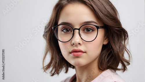close up little girl wearing glasses isolated on white background