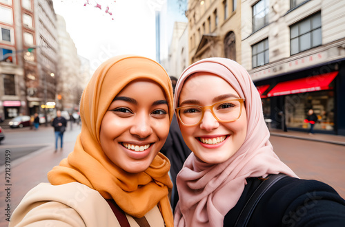 two asian muslim women in hijab taking selfie on smartphone in city