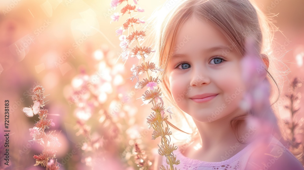 Fototapeta premium Sunny tender slavic european caucasian kid in summer floral field with butterflies enjoyng nature on holiday vacations looking up and smilling happily at golden hour