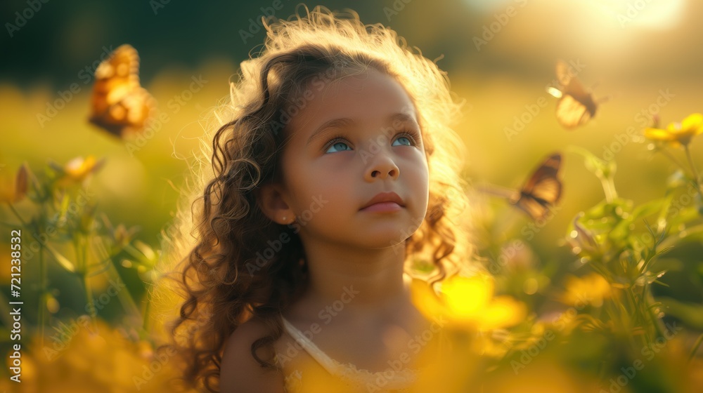 Sunny calm seriuos tanned curly girl in summer floral field with butterflies enjoyng nature on holiday vacations looking up Sunny calm seriuos tanned curly girl in summer floral field with butterflies enjoyng nature on holiday vacations looking up