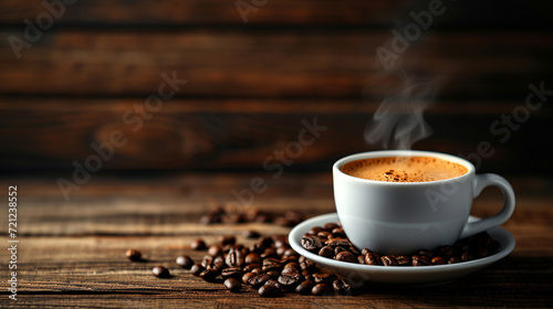 A steaming cup of rich black coffee sits amidst scattered beans on a dark wooden surface, evoking warmth and the essence of freshly brewed indulgence.