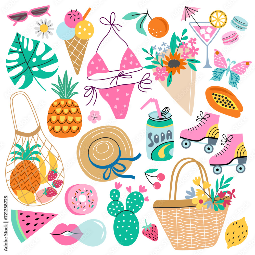 Fototapeta premium Summer elements set. Modern summertime lifestyle illustration