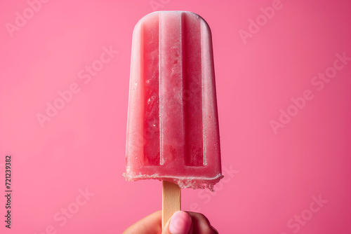 popsicle or freezie fruit ice cream on a stick against a pink background photo