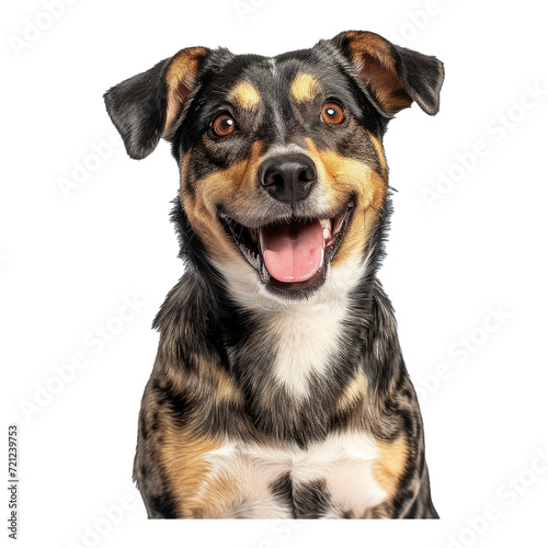 Studio portrait of smiling mixed breed rescue dog sitting