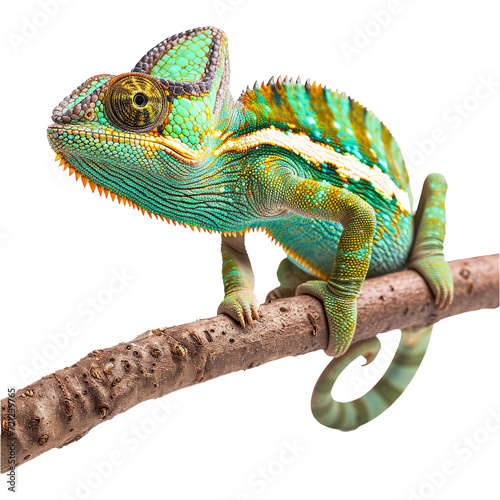 studio portrait of a green and yellow chameleon holding onto a branch
