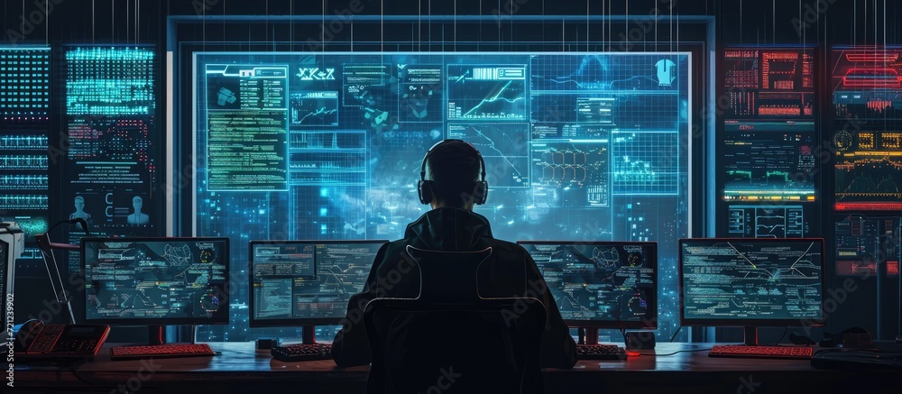 Hacker in room with computers targeting government security. Hacker in room with computers targeting government security.