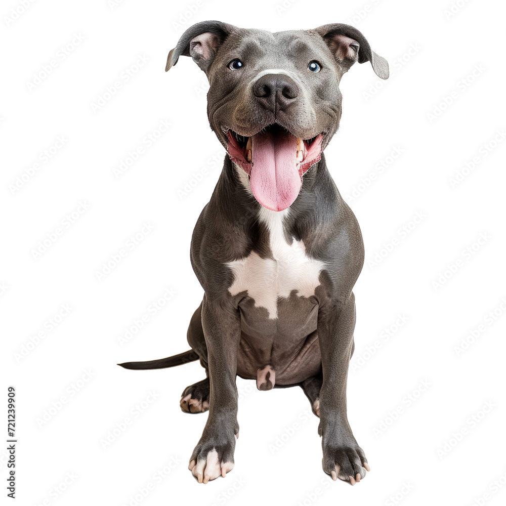 studio portrait of smiling blue gray rescue pit bull type dog sitting with tongue out