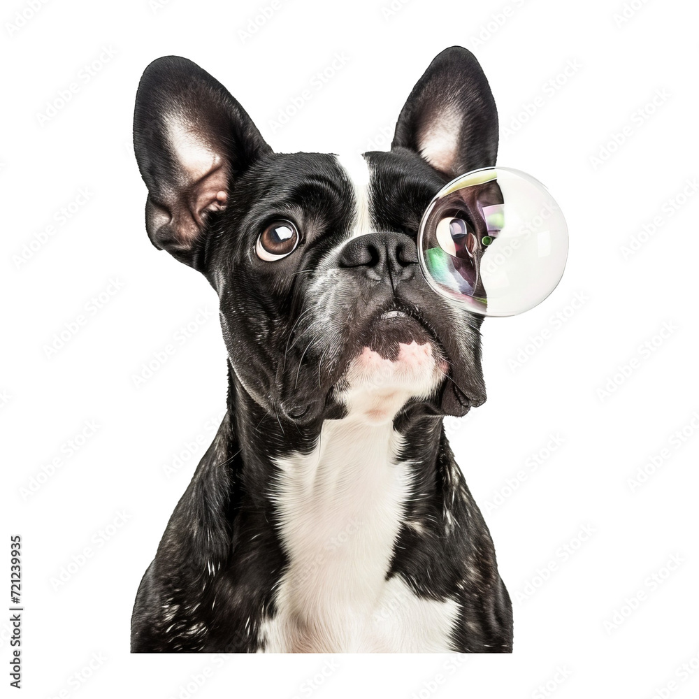 Studio headshot portrait of Boston terrier dog looking forward with bubble come out of mouth