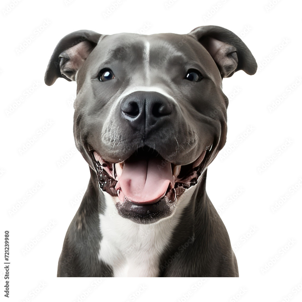 Studio portrait of a smiling pit bull dog
