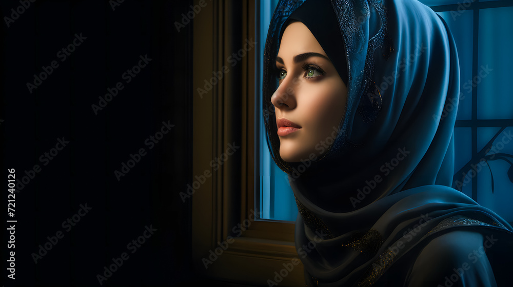 beautiful muslim woman in hijab looking out the window beautiful muslim woman in hijab looking out the window
