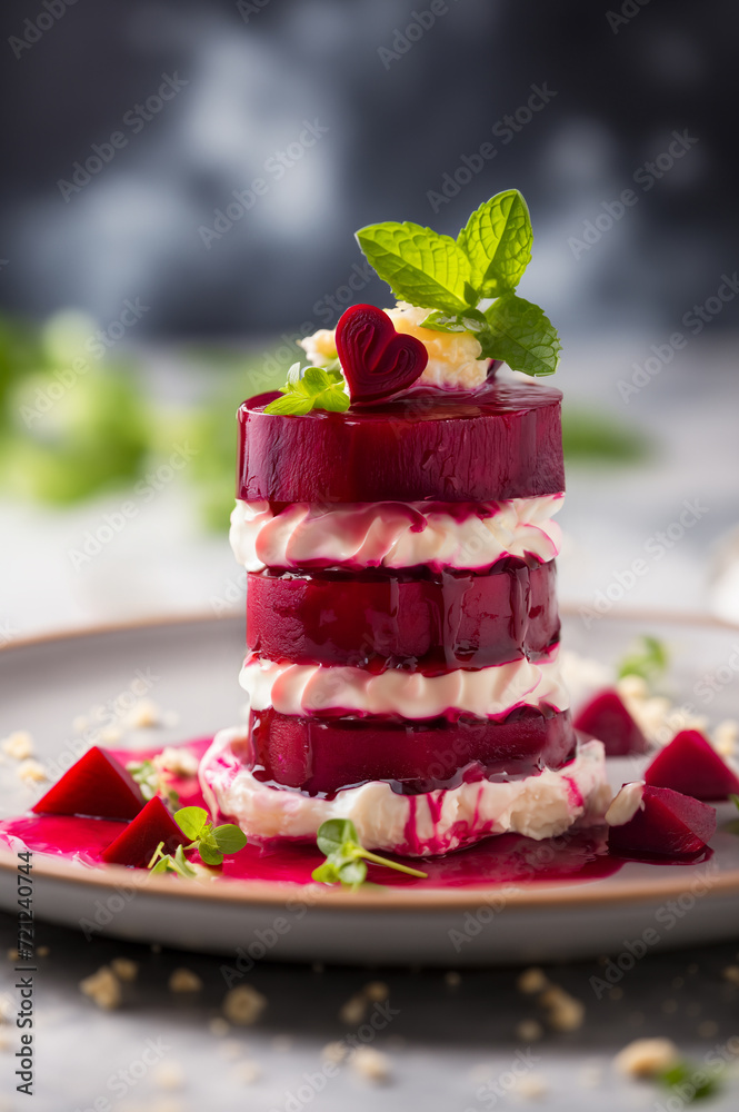 Fotografie Beetroot and cream cheese tower appetizer on a plate