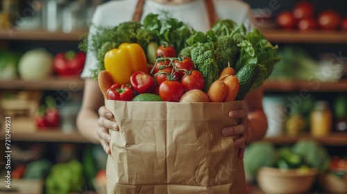 woman hod Paper bag full of healthy food, salad tomato, bakery photo