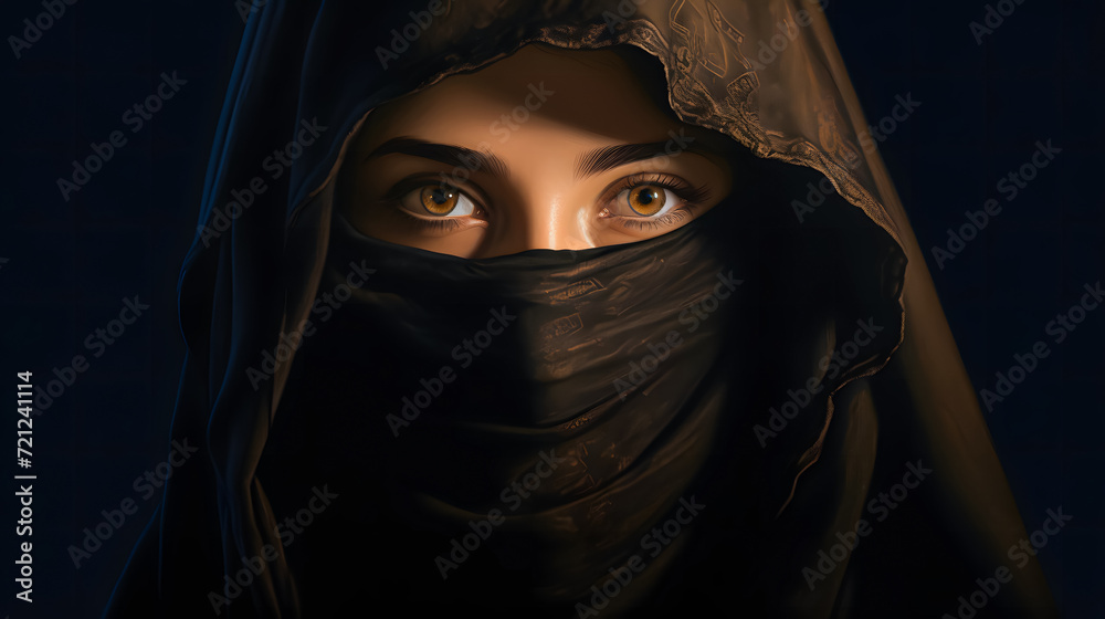 beautiful asian muslim woman wearing niqab over dark background
