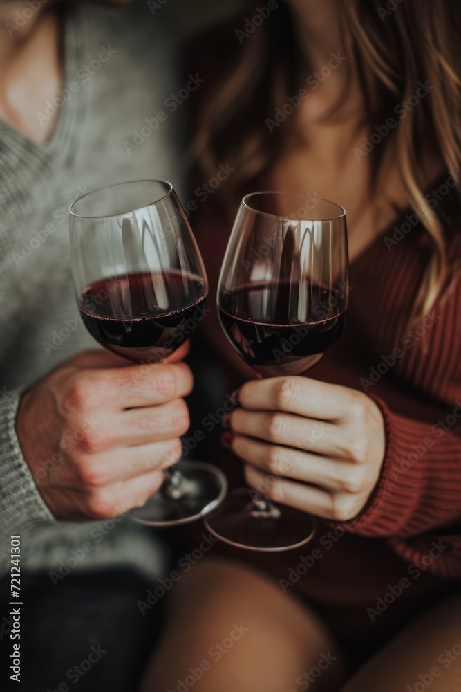 Two glasses of wine in the hands of a loving couple