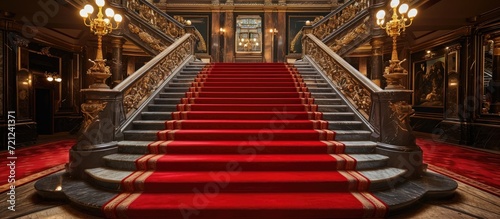 Hotel with red-carpeted marble stairs.