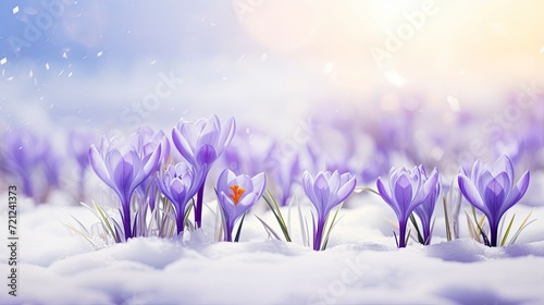Crocus spring flower Growth In The Snow. Beautiful Floral wide panorama. Purple Crocus Iridaceae, copy space - generative ai photo