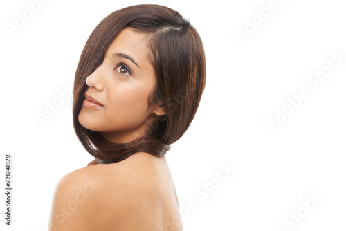 Hair care, wellness and young woman in studio for cosmetic, salon and beauty treatment. Health, confident and female model with shiny conditioner hairstyle routine by white background with mockup.