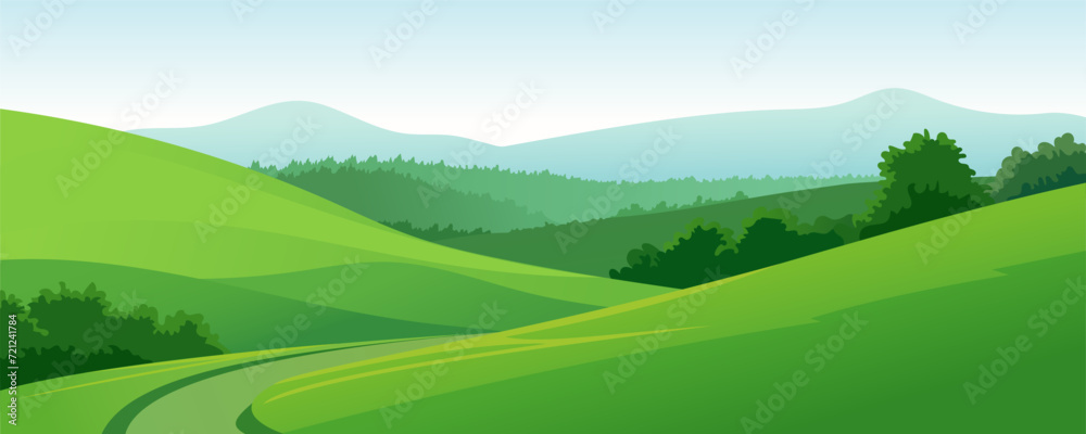 Vector illustration of a landscape of green meadows and fields. Beautiful panoramic summer village landscape with green fields and hills against a blue sky.