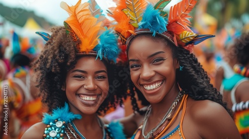 Two beautiful young women dressed festively at the carnival in city photo