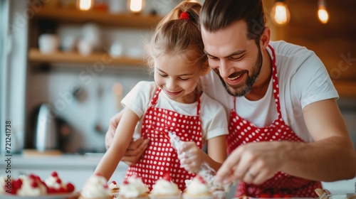 Dad and daughter preparing cupcakes in a modern kitchen wearing red polka dot...