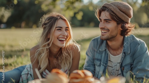 Happy beautiful young couple eating croissant while sitting on the grass on t...